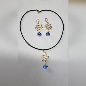 Gold Plated Swirl Earrings & Pendant with Blue Crystal Glass Beads